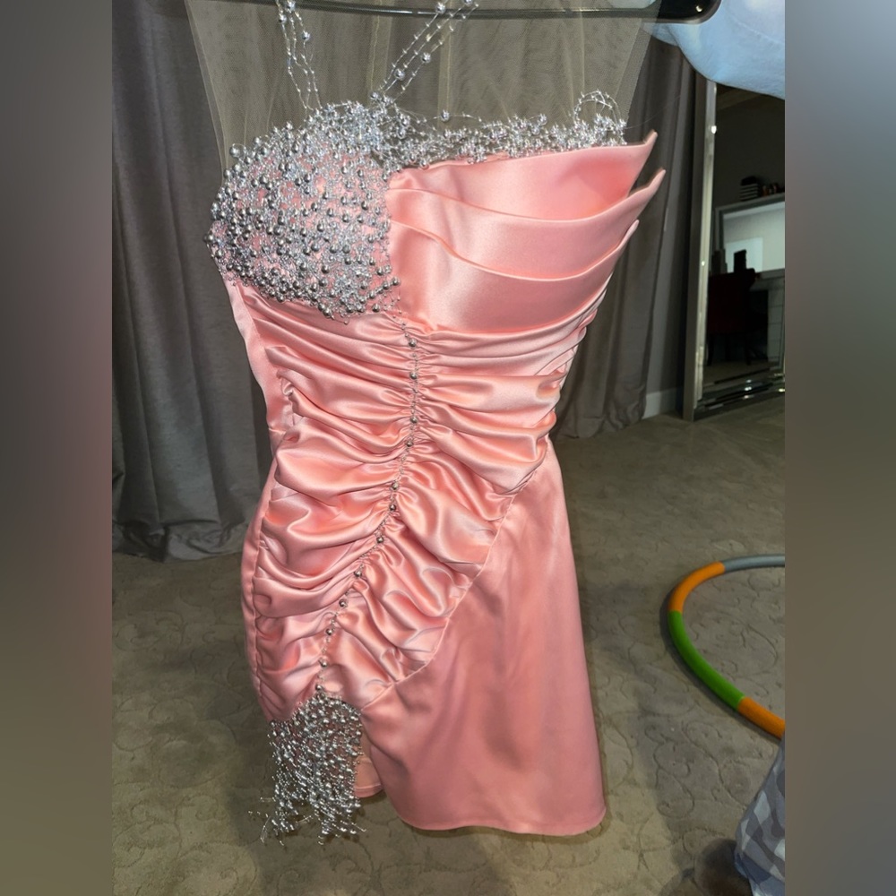 Peony (pink) mini dress with bead design and mesh,Customizable string
